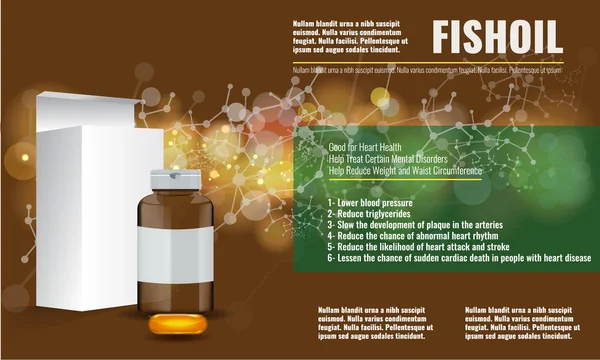 Niedlichen Fischöl-Anzeigen Layout-Design-Vorlage mit chemischem Hintergrund. — Stockvektor