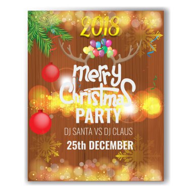 Vektör Noel partisi poster tasarım şablonu ahşap arka plan üzerinde.