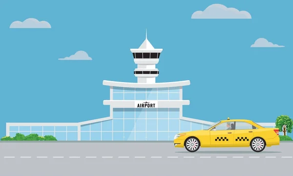 Airport terminal building and yellow taxi. Urban background flat and solid color design. — Stock Vector