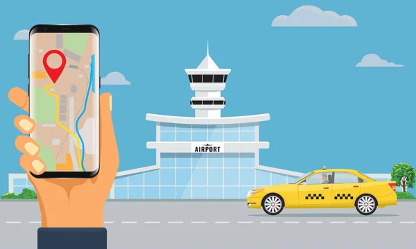 Airport terminal building and yellow taxi hand holding smartphone booking taxi. Urban background flat and solid color design. — Stock Vector