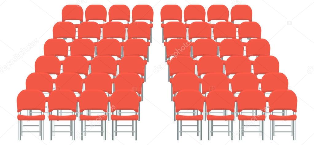 Group of red plastic chairs with flat and solid color design. Illustrated vector.