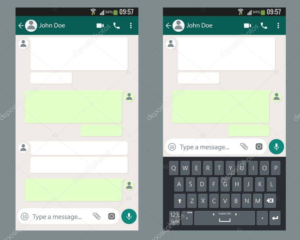 Mobile UI kit Chat app with mobile keyboard template on smartphone screen.