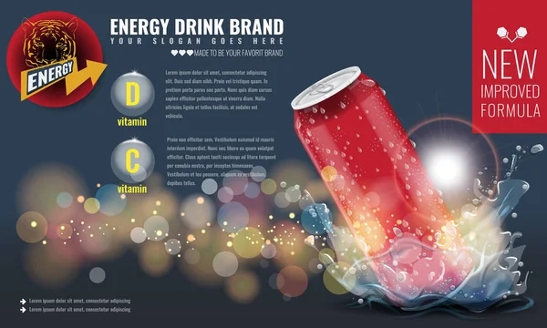 Energy drink metallo può mockup con spruzzi d'acqua e gocce per layout di pubblicità modello 3d per il vostro design. Vettore illustrato . — Vettoriale Stock
