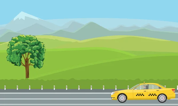 En gul taxi kjører forbi et vakkert grønt landskap. . – stockvektor