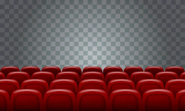 透明な背景に赤いシネマ映画劇場の席の現実的な行. — ストックベクタ