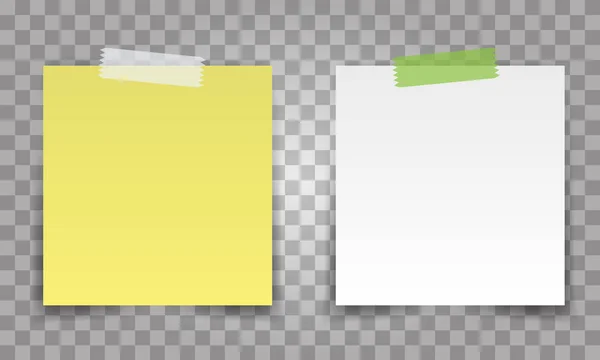 透明テープで現実的なオフィス ペーパー シート ピンあなたのデザインの白と黄色のポスト注ベクトル. — ストックベクタ