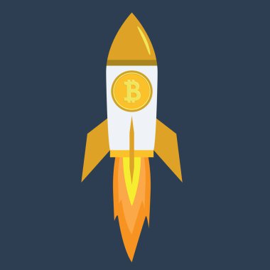 Bitcoin başarı ile uçan roket. Geliştirme kavramı.