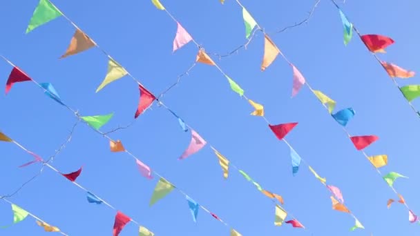 Vliegen in de wind met schattige solide blu hemelachtergrond wimpel. — Stockvideo