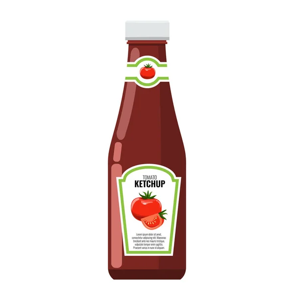 Klassieke ketchup glazen flesje met solide en platte kleur stijl ontwerp. — Stockvector