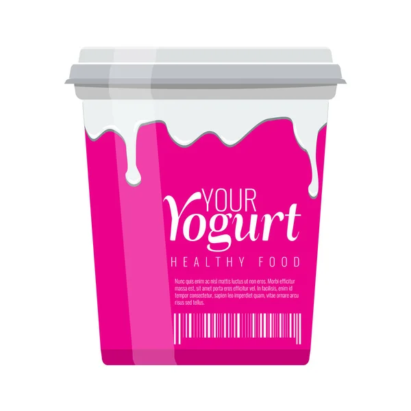 Cubo de plástico rosa con tapa blanca. Diseño del paquete de yogur con ilustración del flujo de leche. Diseño de color plano y sólido Vector — Archivo Imágenes Vectoriales