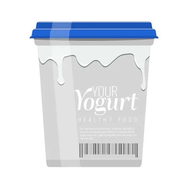 Balde de plástico branco com tampa rosa. Projeto de pacote de iogurte com ilustração de fluxo de leite. Projeto de cor plana e sólida Vector —  Vetores de Stock