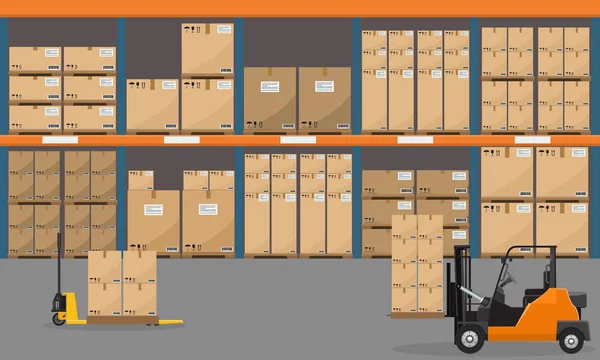 Magazijn interieur met goederen, palletwagens en container pakket boxes. Platte vector — Stockvector