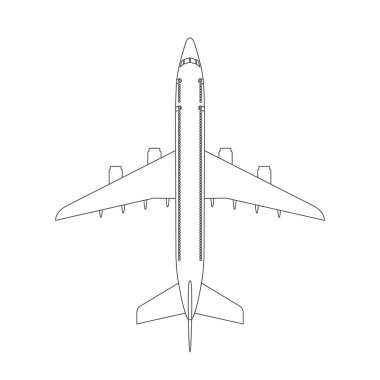 Modaya uygun satır veya anahattı kontur stili ile uçak Üstten Görünüm simgesi. Savaş uçağı, yolcu uçağı dört jet motorları ile.