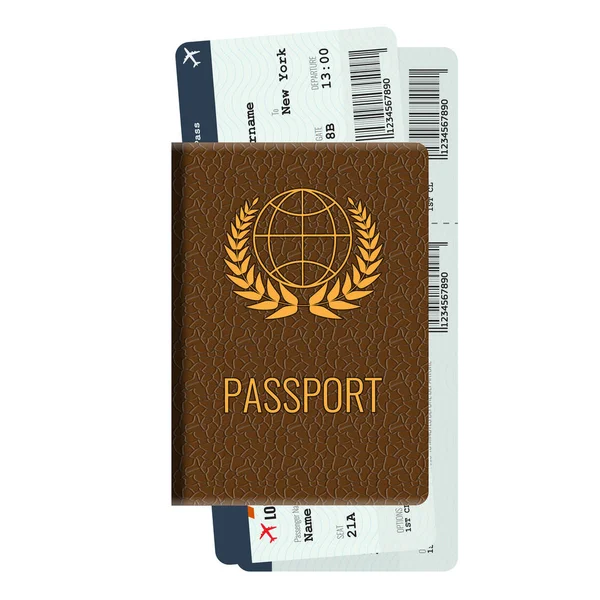 Passport and two airline passenger tickets mockup. — Stock Vector