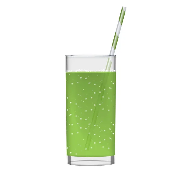 Succo verde con bicchiere di frullato e bollicine frizzanti. Bevanda biologica alla frutta. Illustrazione realistica foto trasparente . — Vettoriale Stock