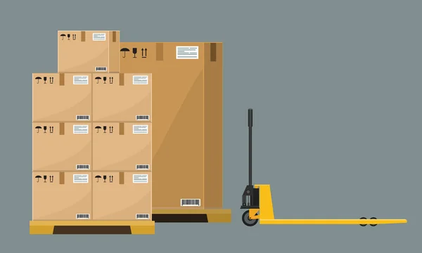 Diferentes cajas en la ilustración de vectores de paletas arboladas, cajas de cartón de almacén de estilo plano y sólido apilan vista frontal . — Vector de stock