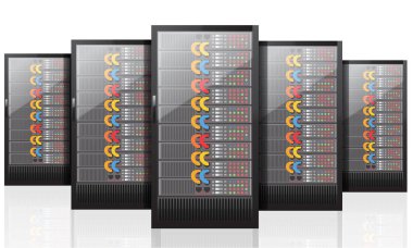 Ağ sunucuları bilgisayar donanım teknolojisi beyaz arka plan üzerinde izole. Gerçekçi vektör.