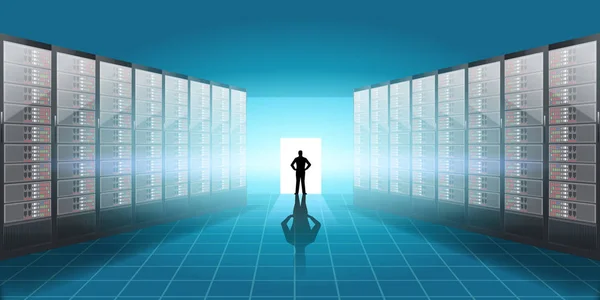 Vector Realistic Server room illustration, man silhouette in the door with light and shadow effect. — Stock Vector