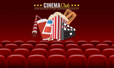 Film Sinema prömiyeri afiş tasarımı. Vektör şablon banner koltuk, patlamış mısır, Bilet ile göstermek için. Kırmızı bir arka plan.