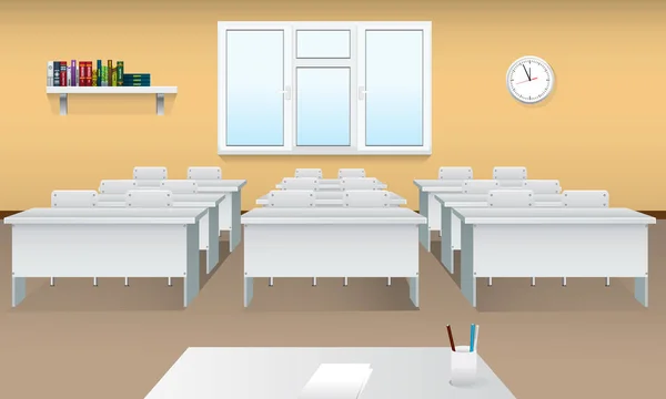 Пустой школьный класс. Реалистичный интерьер класса с большим окном и видом спереди. Зал заседаний . — стоковый вектор