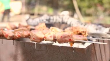 Barbekü ile lezzetli ızgara et ve patates üzerinde ızgara. Mangal kebap partisi. Kömür ızgara.
