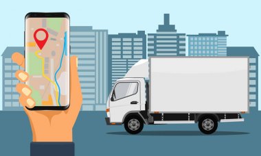 Teslimat izleme için smartphone tutan el. Şehir manzarası ve kamyon.