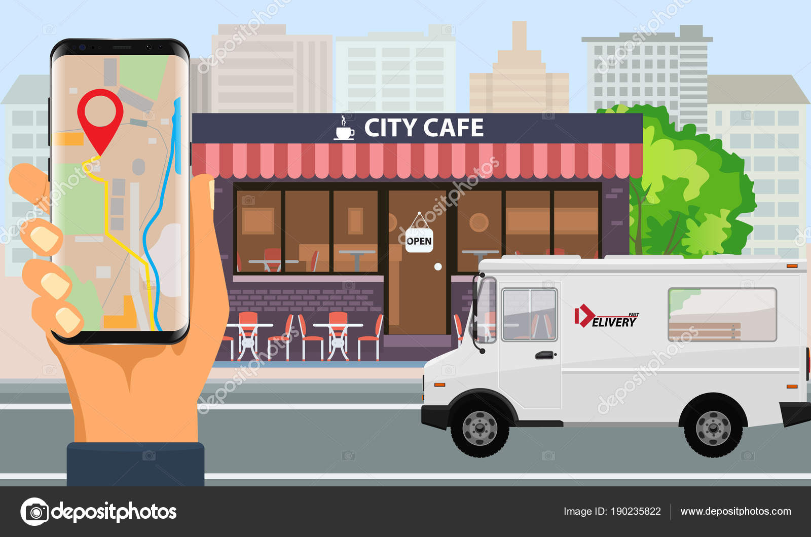 Online Order And Fast Food Delivery With Food Truck And City