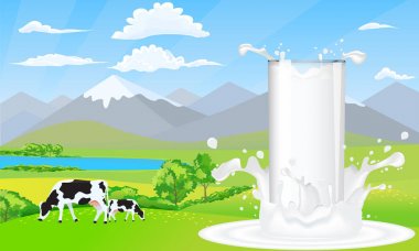 Milk glass on milk splash. Beautiful nature landscape mountain and meadow fields with cows. clipart