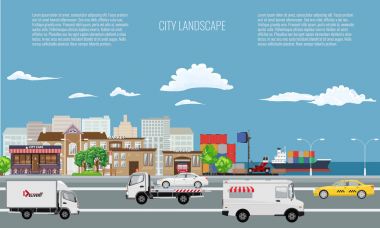 Şehir üzerinde deniz manzara yük taşıyan gemi denizde.