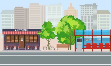 Empty Bus Stop with City Skyline Flat Design Style. clipart