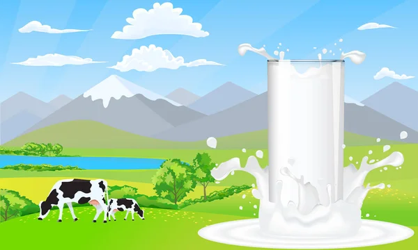 Verre à lait sur éclaboussure de lait. Beau paysage naturel champs de montagne et de prairie avec vaches . — Image vectorielle