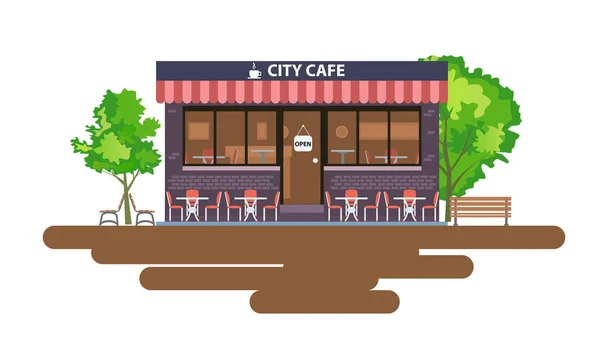 Bâtiment central de café extérieur avec terrasse d'été, tables, chaises et arbres. Illustration vectorielle plate — Image vectorielle
