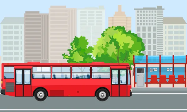 Arrêt de bus vide et bus avec style City Skyline Flat Design . — Image vectorielle