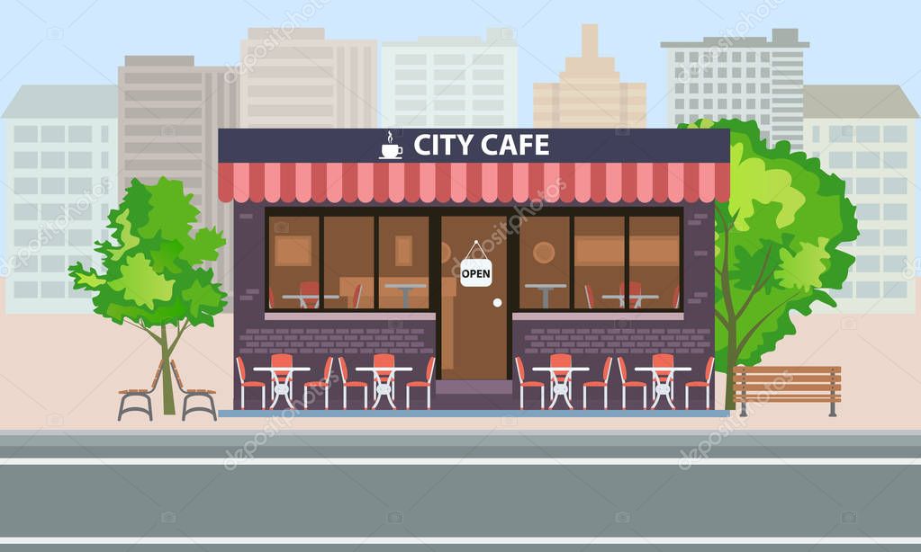 Central cafe building exterior with summer terrace, tables, chairs and trees. City landscape concept Vector flat illustration. Solid color design.