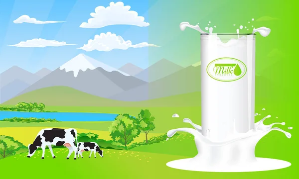 Молочный стакан на брызгах молока. Красивая природа горный пейзаж и луговые поля с коровами . — стоковый вектор