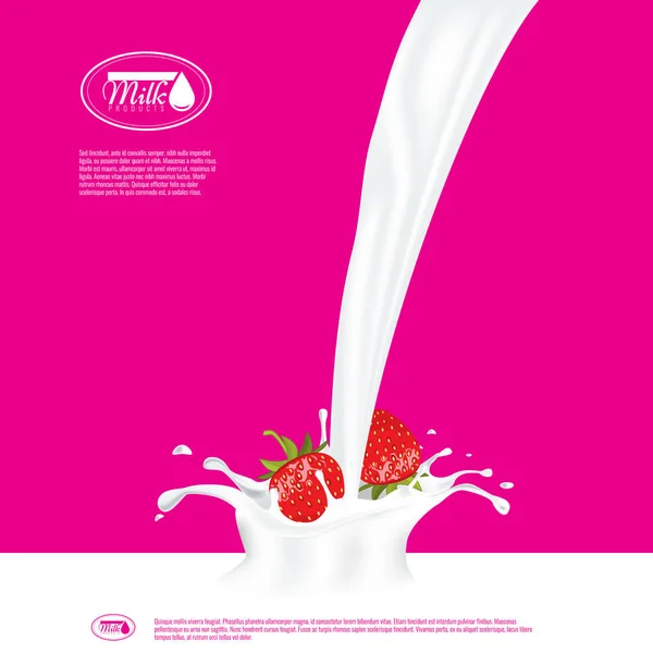 Verre vecteur réaliste pour verser des éclaboussures de lait avec des fraises. Publicité de lait vide ou modèle de bannière pour votre conception . — Image vectorielle