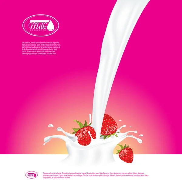 Ρεαλιστική διάνυσμα γυαλί να χύσει το γάλα βουτιά με φράουλα. Άδειο γάλα πρότυπο διαφήμιση ή banner για το σχέδιό σας. — Διανυσματικό Αρχείο