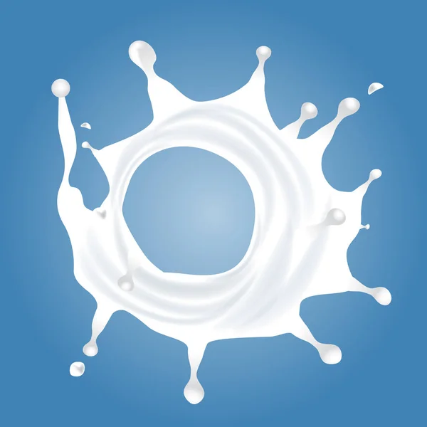 Melk splash van bovenaanzicht. Swirlpool effect melk plons met druppels voor uw ontwerp. Geïllustreerde vector. — Stockvector
