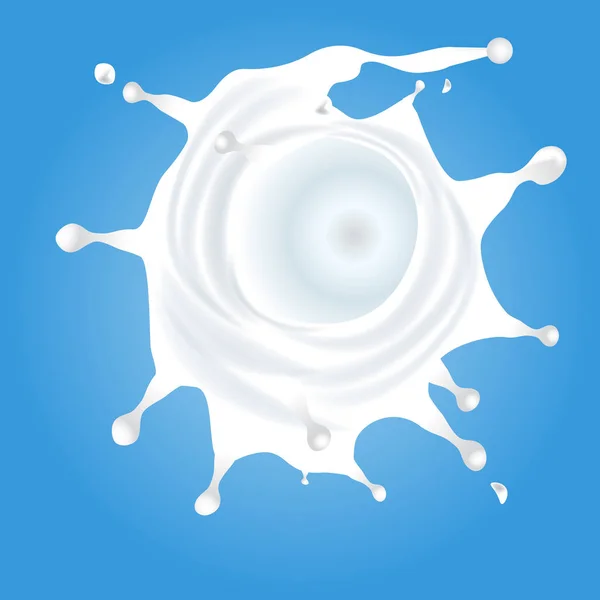 Melk splash van bovenaanzicht. Swirlpool effect melk plons met druppels voor uw ontwerp. Geïllustreerde vector. — Stockvector