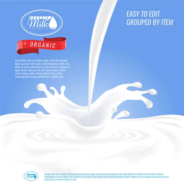 Verpackungsdesign mit Milchspritzer für Milchprodukte. Vorlagenvektor für Durchschnittswerte. — Stockvektor