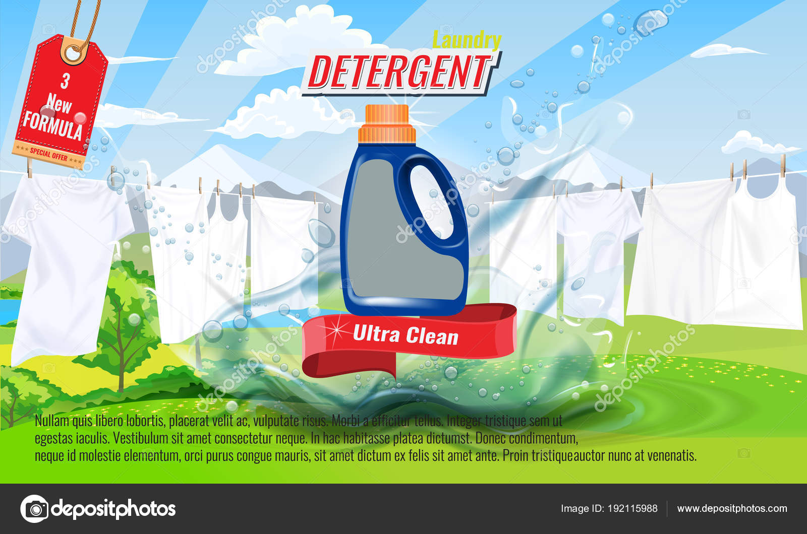 Laundry detergent ads template with package design with water splash
