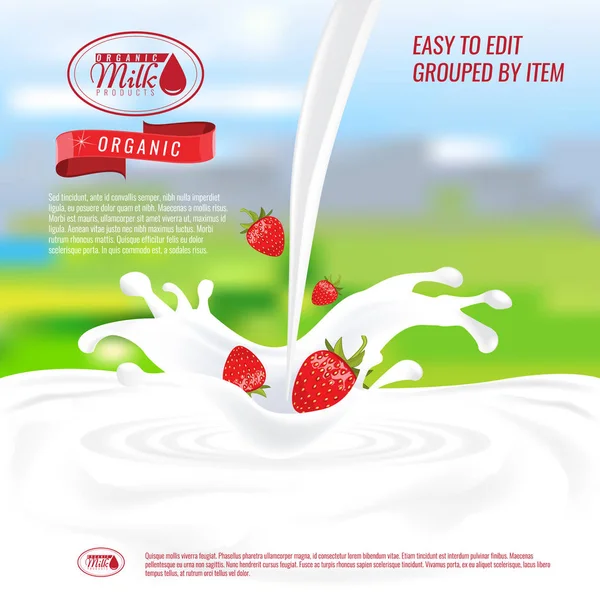 イチゴと牛乳のスプラッシュを注ぐに現実的なベクトルのガラス。あなたのデザインのため空の牛乳の広告やバナーのテンプレート. — ストックベクタ