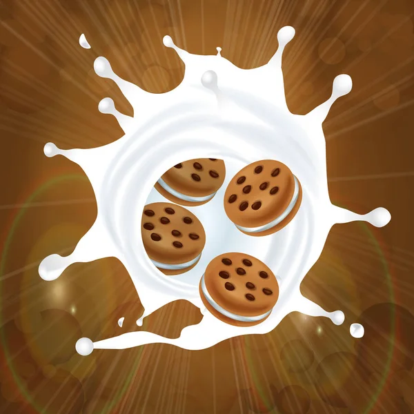 Γάλα splash γεύση με μπισκότα. Έτοιμο φορέα σχεδιασμού για το σχέδιό σας πακέτο. — Διανυσματικό Αρχείο