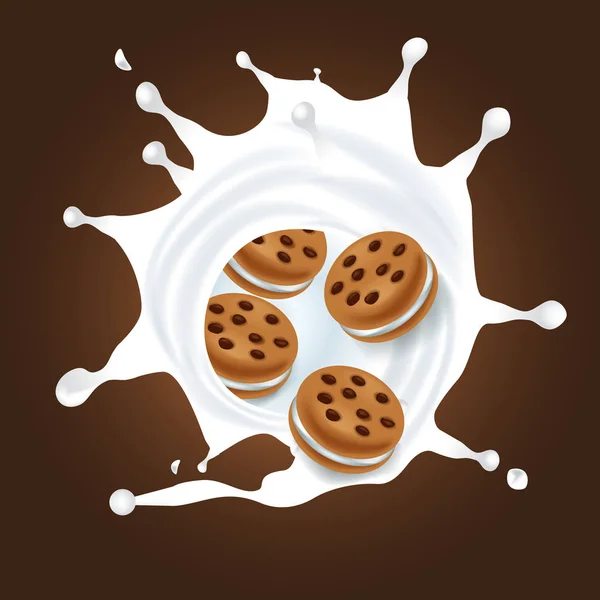 Mléko stříkající chuť s sendvič soubory cookie. Připravena vektorový design pro obalový design. — Stockový vektor