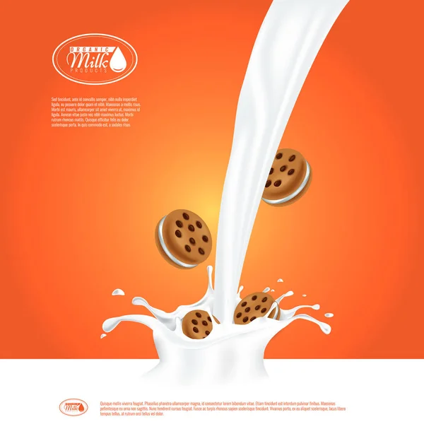 Realistické mléka splash s sendvič soubory cookie. Prázdná mléka reklama nebo banner šablona pro návrh. — Stockový vektor