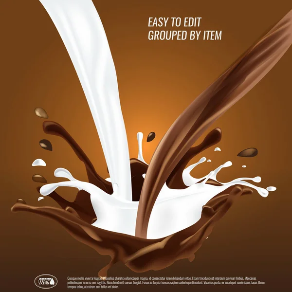 Flytande choklad och mjölkflöde och spash blandat, 3d vektorillustration. — Stock vektor