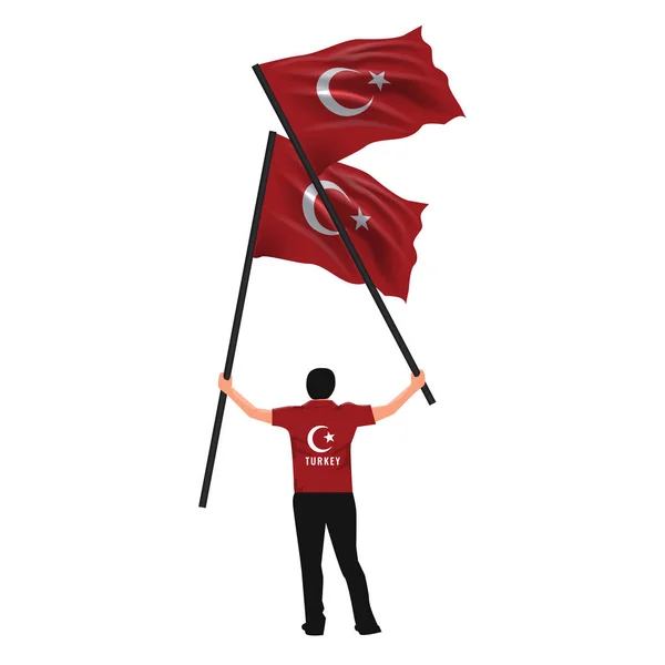 15 de julio, Día de la Democracia y la Unidad Nacional dibujo vectorial. Hombre sosteniendo dos banderas turcas en su mano . — Archivo Imágenes Vectoriales
