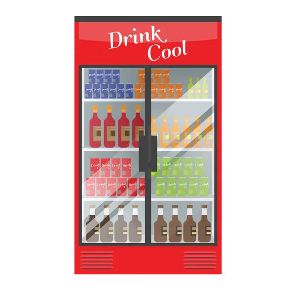 Refrigerated supermarket display case full with multiple drinks and beverages. Illustrated vector for your Mockup design. — Stock Vector