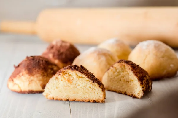 Homemade Cookies with chocolate truffle on white wood with rolling ping. — Stock Photo, Image