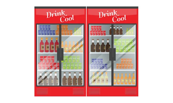 Chłodnia supermarket gablocie pełne z wielu drinki i napoje. Ilustrowane wektor dla atrapa design. — Wektor stockowy